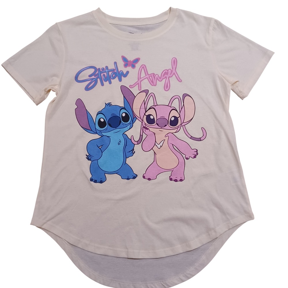 Disney Stitch and Angel Cream Graphic T-Shirt Women Medium Curved Hem